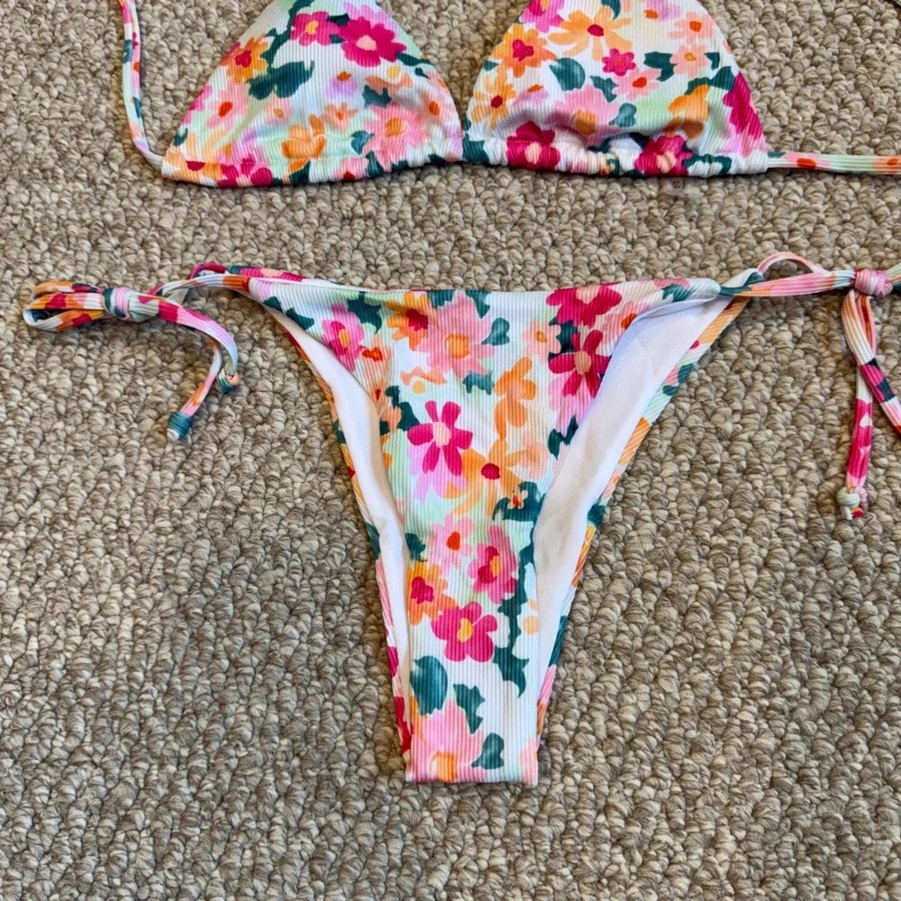 SHEIN Floral Ribbed Triangle Bikini Set Multicolor‎ Side Tie Swimsuit Size Small